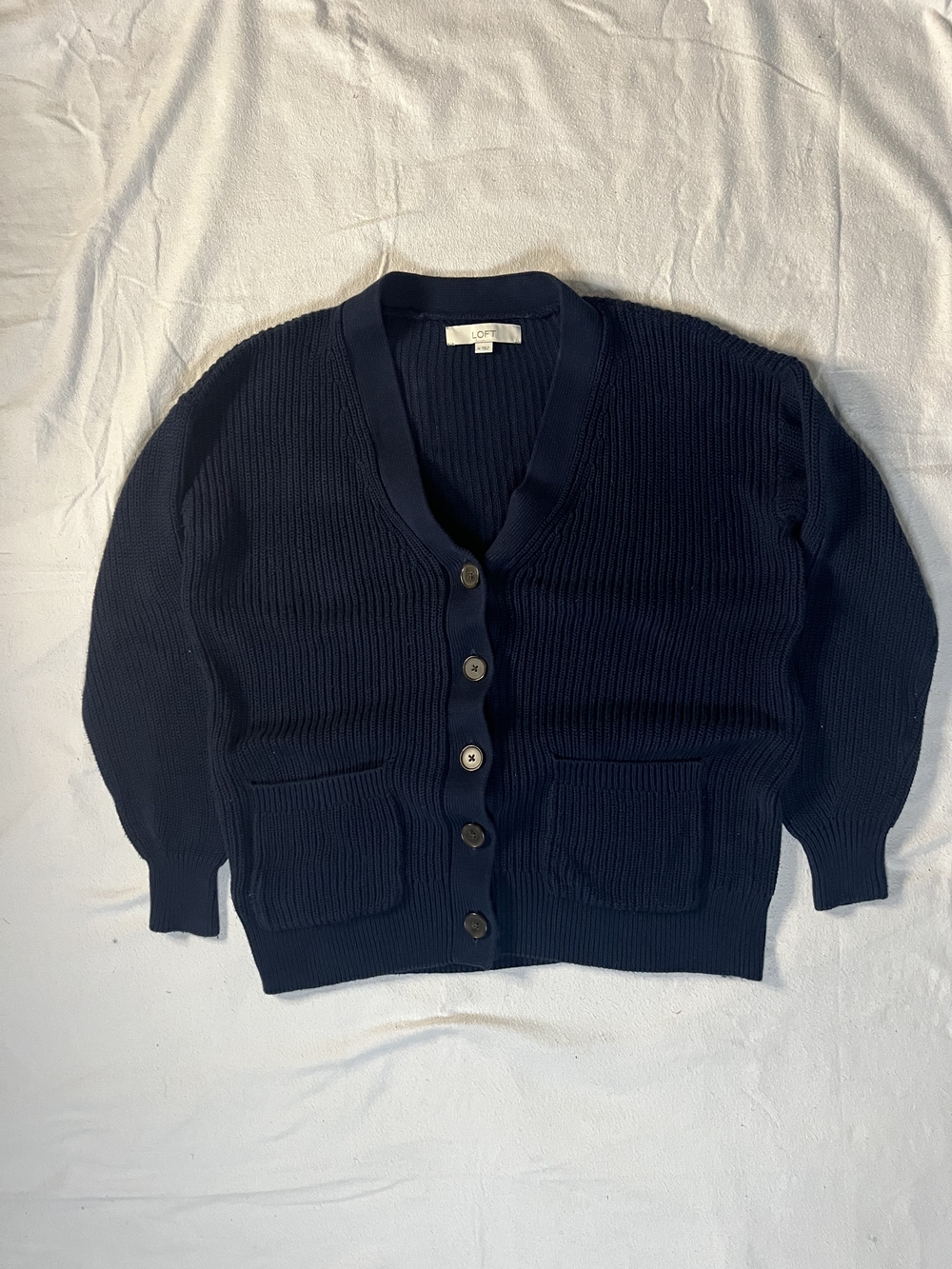 LOFT  Mens Navy Ribbed Button-Front Size M Cardigan Sweater